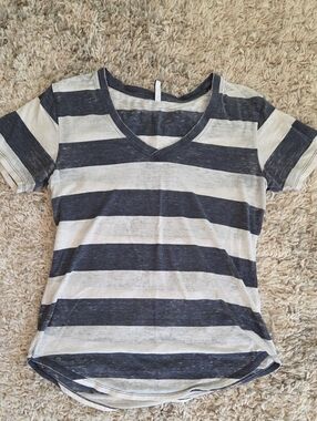 Z Supply Distressed Navy and White Striped V-Neck Tee